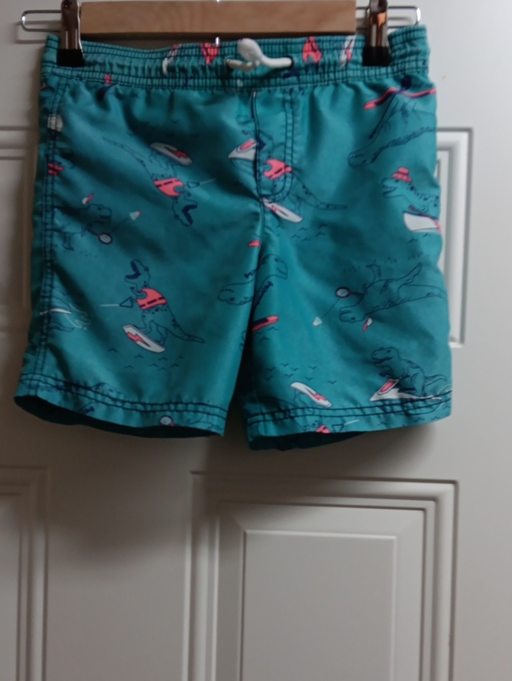 Carter's Teal Swim Shorts with Pink & White Surfing Dino Print